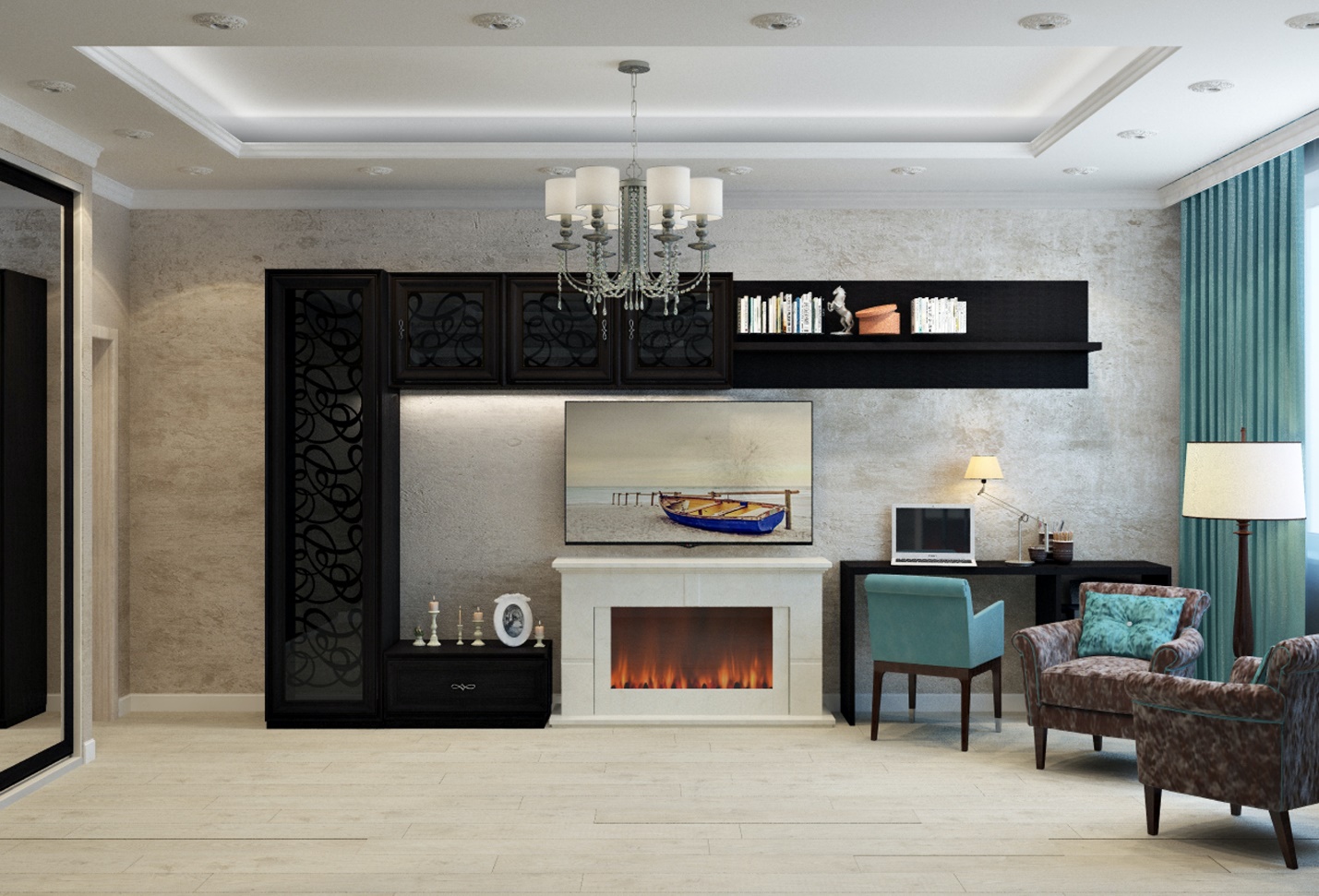 A modern living area with a fireplace and seating