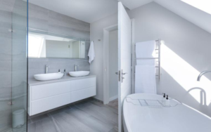 A minimalistic white bathroom interior