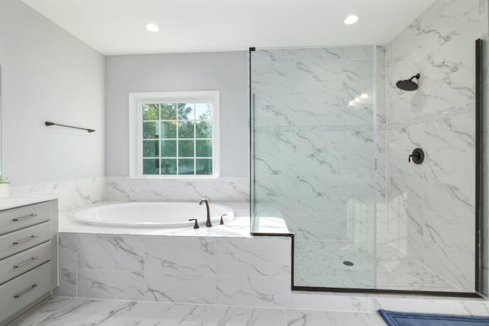 glass shower enclosure near white ceramic bathtub