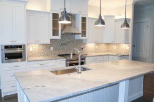 White marble countertops for a kitchen.