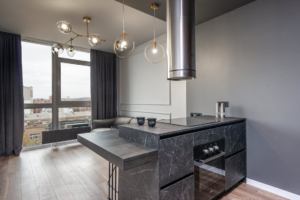 Island kitchen in contemporary minimalist style apartment