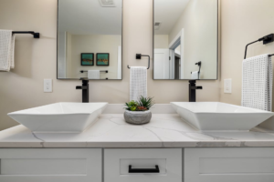 Bathroom Counter with Two Sinks and Mirrors