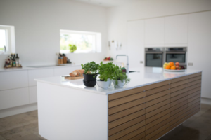 Plants on a kitchen island with a custom quartz countertop in a Naples home.