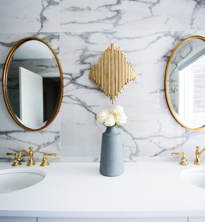 Modern bathroom with perfectly matched countertops and cabinets.