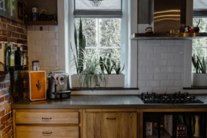 Eco-friendly kitchen countertops made from recycled materials in a modern kitchen setting.