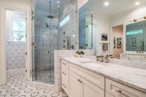 Luxurious bathroom featuring a sleek marble countertop with an elegant design.