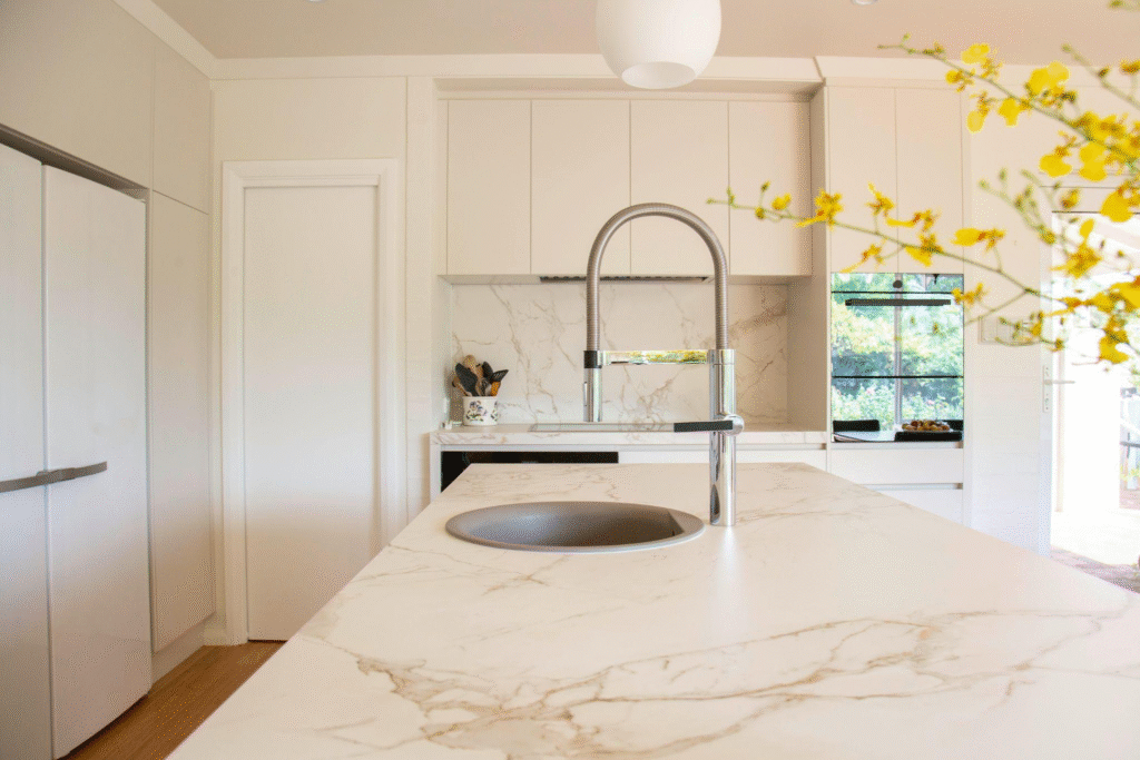 a countertop with a faucet