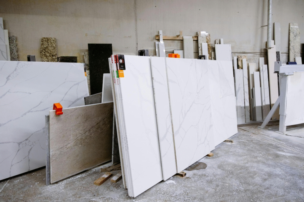 Slabs of granite and marble sliced into different sizes and shapes.