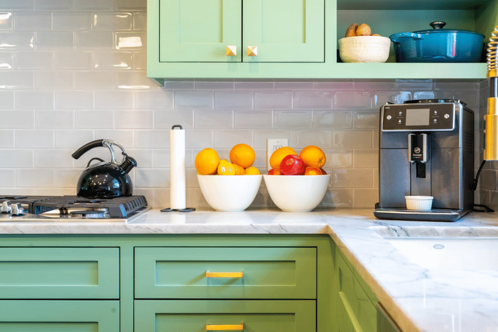 a countertop with green cabinets